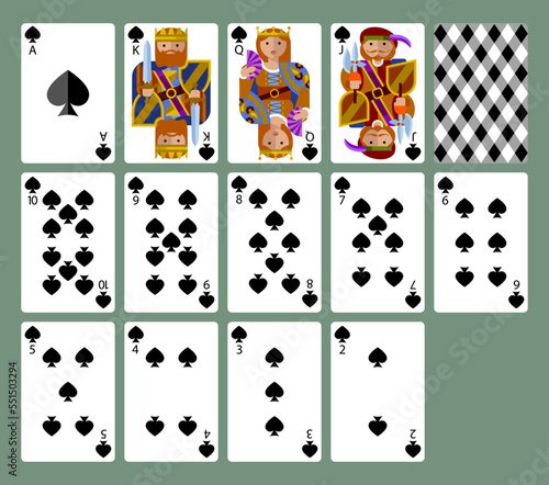 Spades suit playing cards in funny modern flat style. Vector illustration