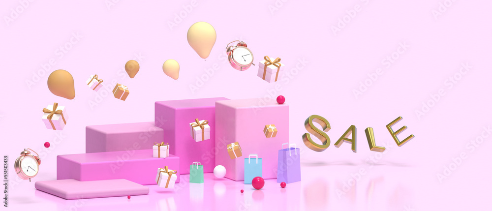 3d Podium Christmas and Happy New Year Sale. Stage showcase geometric shape platform on display - Minimal Stage shopping online presentation on pink background. product, copy space - 3d Rendering