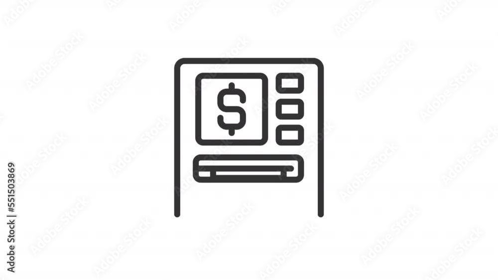 Animated ATM linear icon. Withdrawing dollar bills. Banking technology for customers. Seamless loop HD video with alpha channel on transparent background. Outline motion graphic animation Animated ATM linear icon. Withdrawing dollar bills. Banking technology for customers. Seamless loop HD video with alpha channel on transparent background. Outline motion graphic animation