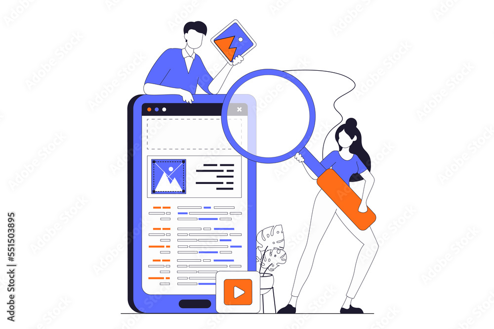 App development concept with people scene in flat outline design. Man and woman designing app interface and working with content and buttons. Illustration with line character situation for web - obrazy, fototapety, plakaty 