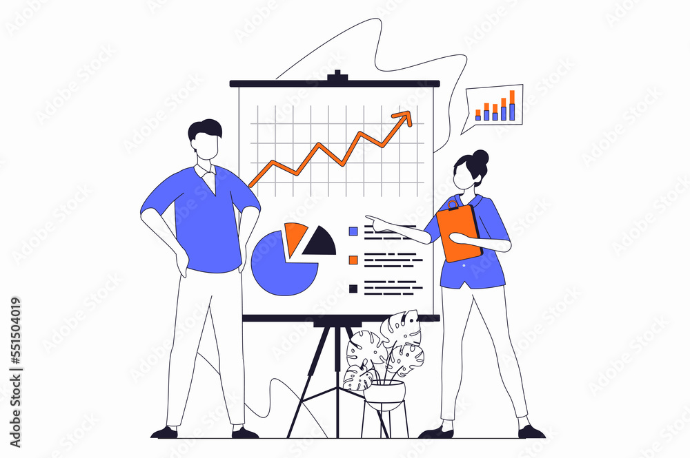 Business activities concept with people scene in flat outline design ...