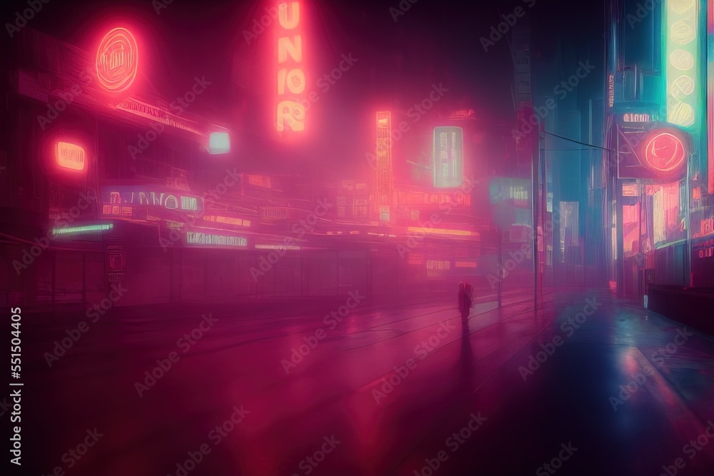 Futuristic empty neon city street scene background. Created by AI, Artificial Intelligence.