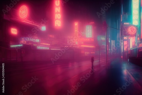 Futuristic empty neon city street scene background. Created by AI, Artificial Intelligence.