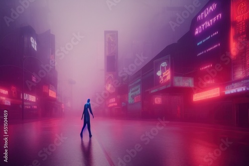 Futuristic empty neon city street scene background. Created by AI, Artificial Intelligence. © Vuxelle