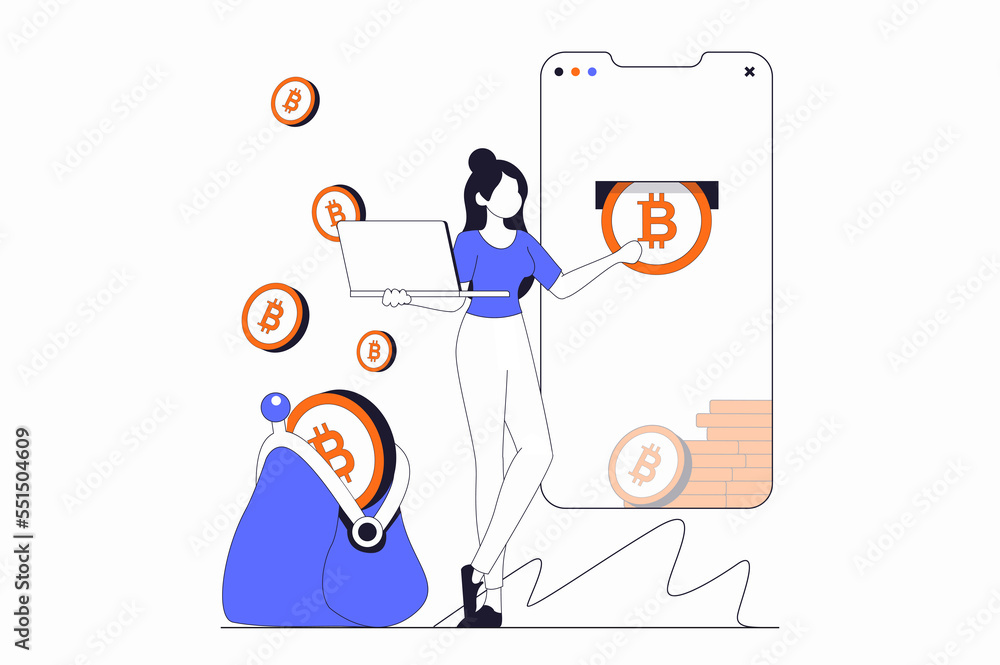 Cryptocurrency mining concept with people scene in flat outline design. Woman mining bitcoin in digital wallet using mobile phone and laptop. Illustration with line character situation for web Cryptocurrency mining concept with people scene in flat outline design. Woman mining bitcoin in digital wallet using mobile phone and laptop. Illustration with line character situation for web