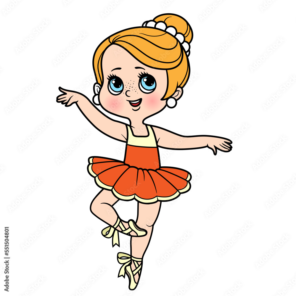 Cute cartoon little ballerina girl in lush tutu and pointe dancing on one leg color variation for coloring page isolated on a white background Cute cartoon little ballerina girl in lush tutu and pointe dancing on one leg color variation for coloring page isolated on a white background