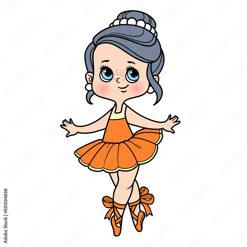 Cute cartoon little ballerina girl in lush tutu standing on toes in pointe shoes color variation for coloring page isolated on a white background Cute cartoon little ballerina girl in lush tutu standing on toes in pointe shoes color variation for coloring page isolated on a white background