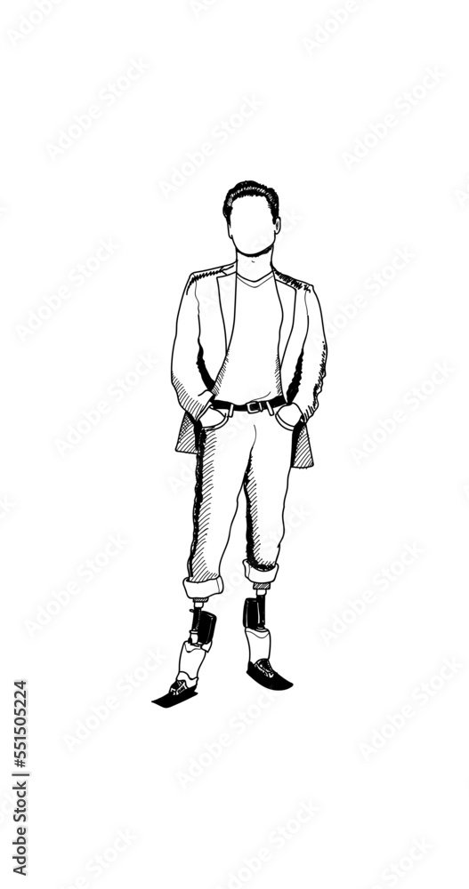 Standing man with mechanic, bionic leg prostheses wearing a suit with his hands in pocket. Black and white inked strokes line art vector illustration isolated on white background. Standing man with mechanic, bionic leg prostheses wearing a suit with his hands in pocket. Black and white inked strokes line art vector illustration isolated on white background.