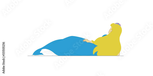 Back view of a beautiful princess character with a blue dress and long blonde hair lying on floor, bed. Colourful cartoon style vector illustration isolated on white background.