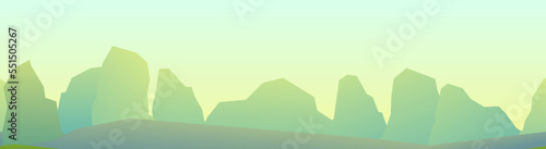 Rocks cliffs stone. Foggy outlines of objects. Landscape mountainous. Natural land desert. Seamless composition. Cartoon style illustration. Vector.