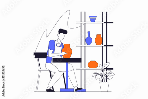 potter working orange pot, blue apron, minimalist style clip art preview