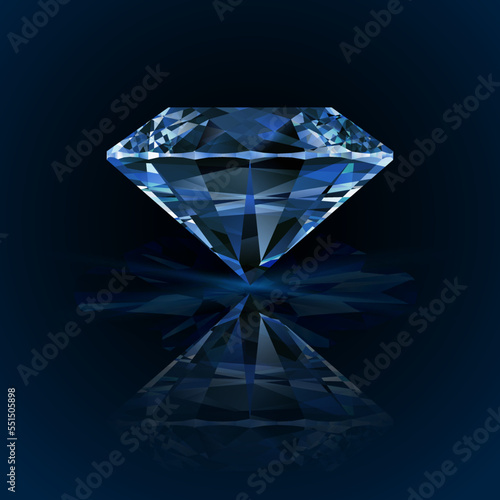 Realistic vector diamond  on dark background. Illustration of a blue crystal gemstone with refection 