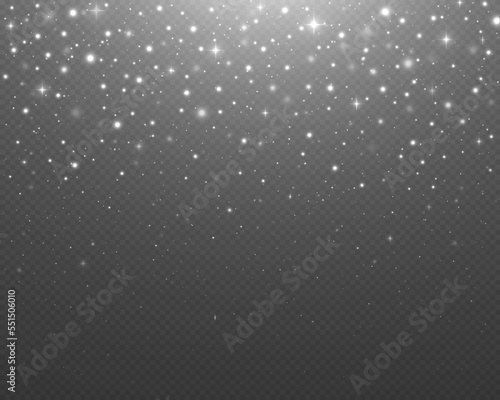 Shiny white confetti and glitter light on transparent background. Sparkling space magical dust particles. Christmas concept.