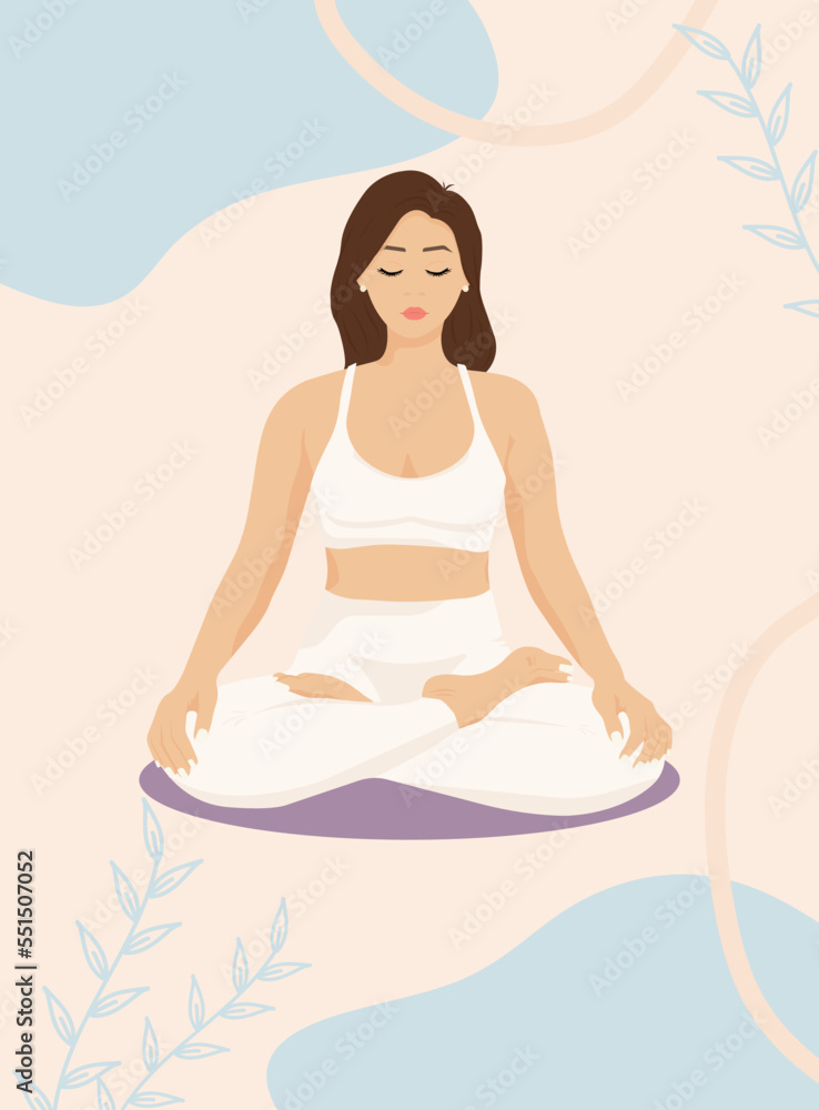 Yoga for lifestyle design. Lotus pose. Beautiful girl with eyes closed. Illustration on the abstract background 