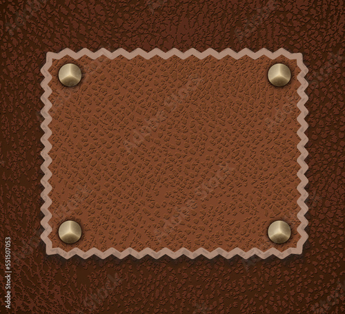 Leather background with label and metal accessories - eps10. Vintage realistic graphic template with frame and metal rivets.