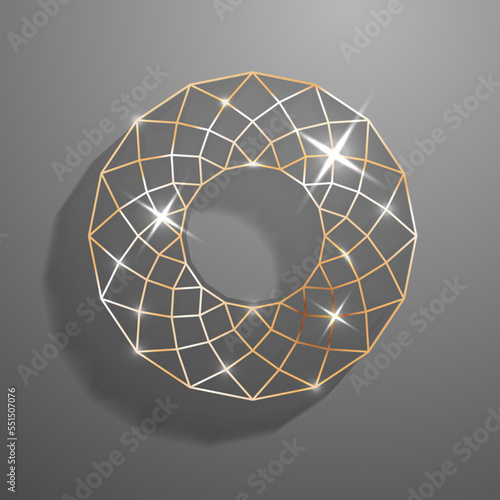 Abstract diamond cut shaped symbol on grey background. Golden circle sign with shadow. Isolated faceted flower with sparkles.