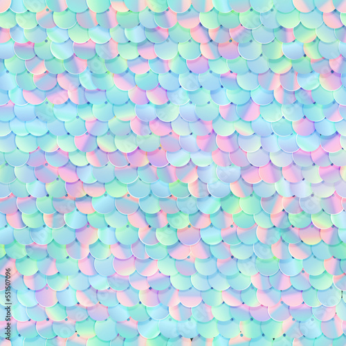 Sequined iridescent texture. Fabric with palliettes. Seamless vector realistic background of shiny material.