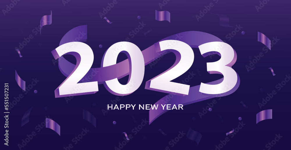 2023 Happy New Year 3d vector design.
Shiny party background glitter glossy confetti and serpentine. Festive premium template for poster, social media posts, advertising, greetings