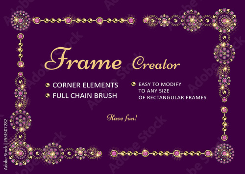 Frame creator with corner elements, round jewelry ornaments, pattern chain brush. Easy to modify to various size of frame. Silver, gold elements with gems. Magenta background. Vintage style.
