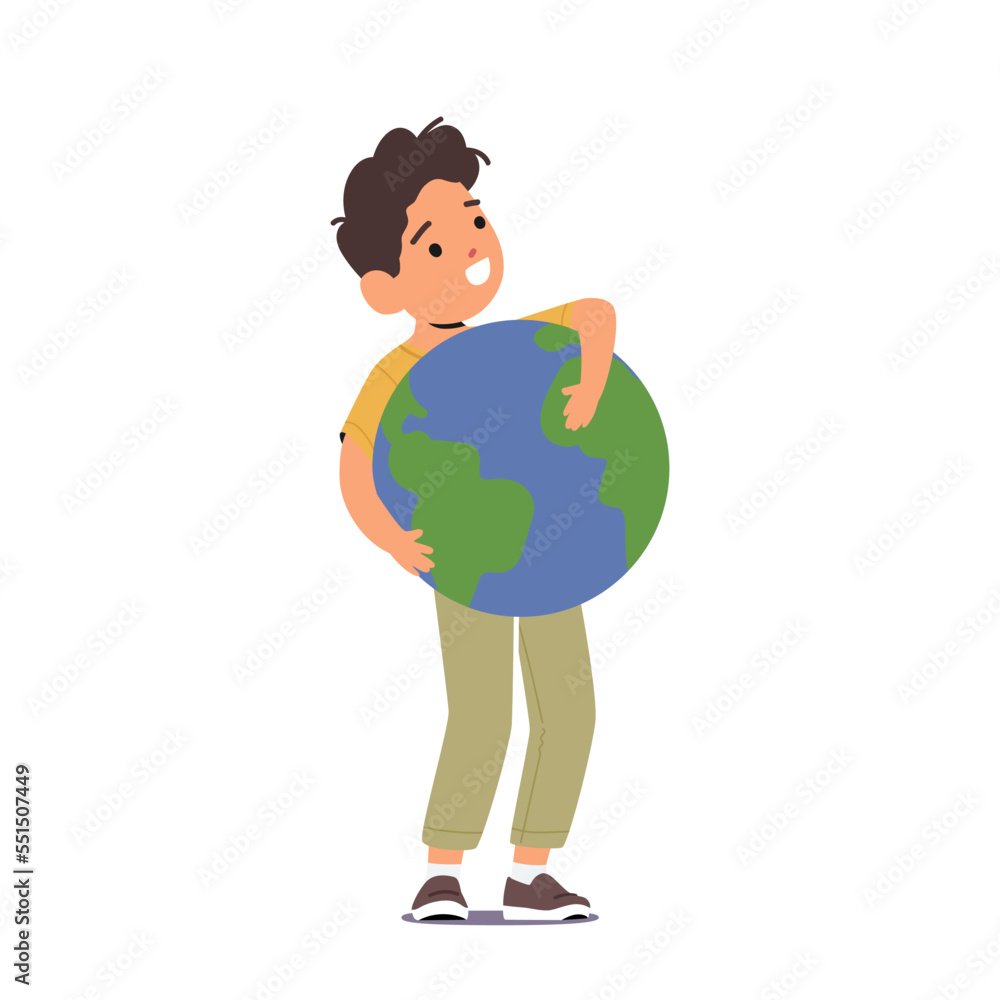 Little Boy Holding and Hugging Earth Planet. Kid Character Embrace Sphere with Continents and Oceans. Love, Care Nature Little Boy Holding and Hugging Earth Planet. Kid Character Embrace Sphere with Continents and Oceans. Love, Care Nature