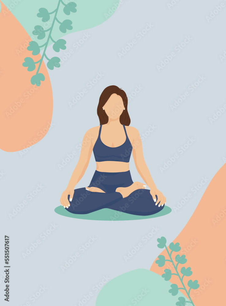 Yoga for lifestyle design. Healthy lifestyle, sports. health activities. lotus pose. Faceless woman illustration. Illustration on the abstract background in a simple style.