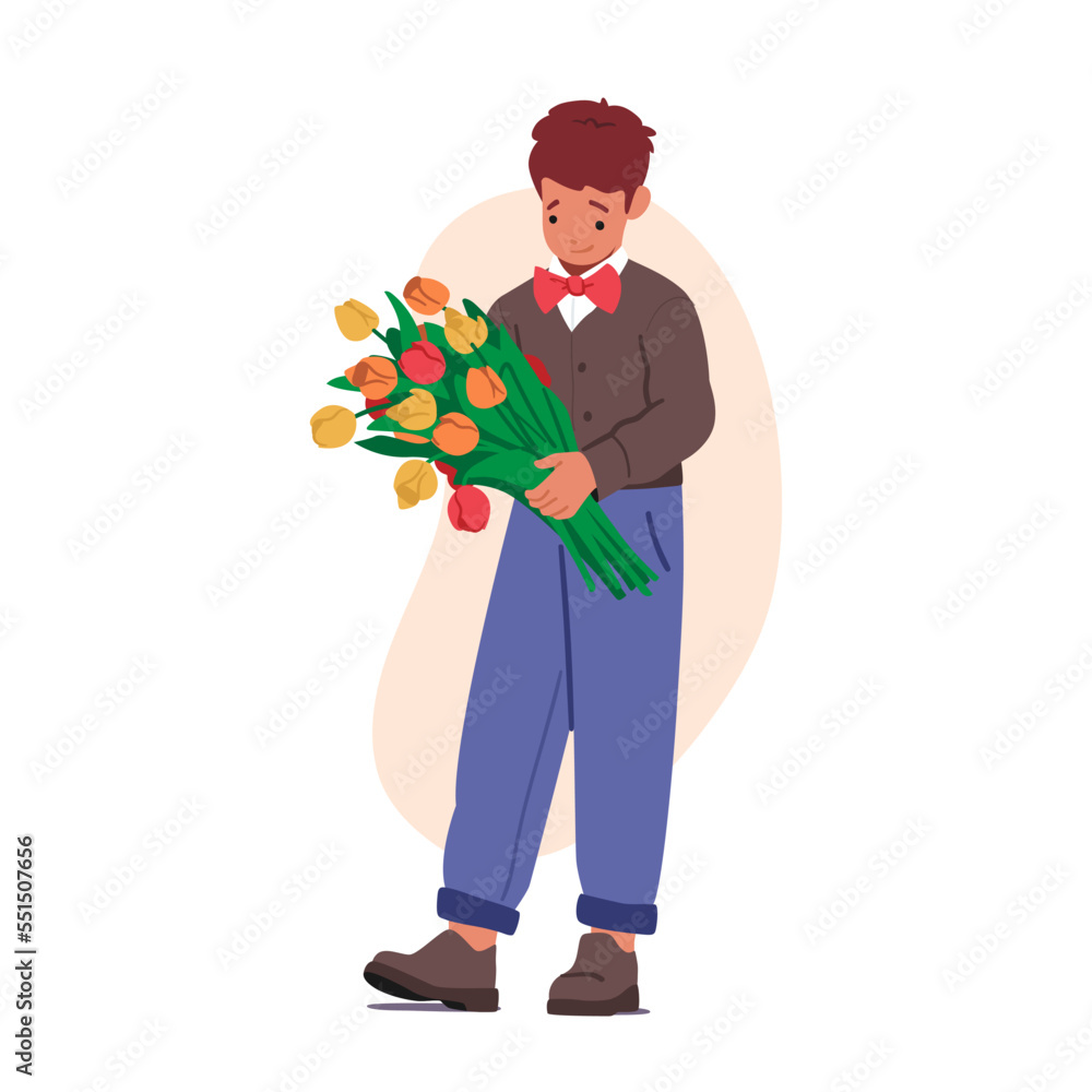 Little Boy Holding Bouquet of Beautiful Flowers. Child Character Wear Festive Clothes and Bow Tie with Tulip Blossoms Little Boy Holding Bouquet of Beautiful Flowers. Child Character Wear Festive Clothes and Bow Tie with Tulip Blossoms