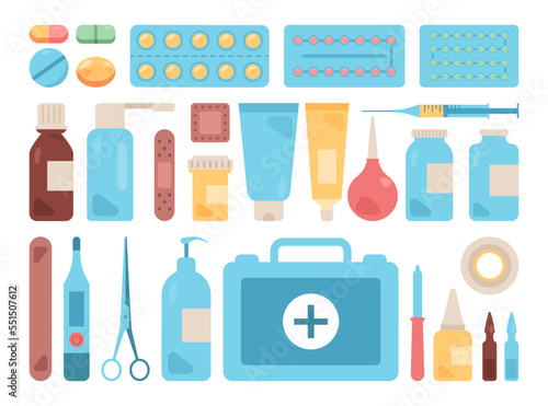 Medication and medical tools set. Pill blisters and flask, thermometer,