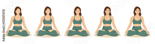 Young woman brunette hair sitting in yoga lotus. A girl with different faces: with a face, with eyebrows, with closed eyes, without a face, Faceless. In green top and green leggings on white backback