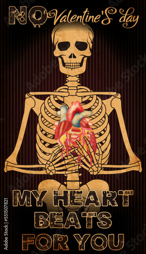 Anti Valentines day card, My heart beats for you. skeleton holding a heart vector illustration	