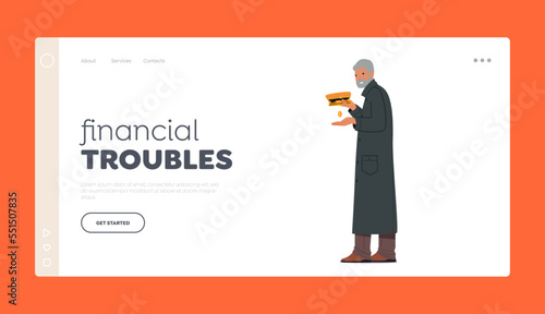 Financial Troubles Landing Page Template. Poor Senior Male Character with Last Coin in Wallet. Sad Bankrupt Old Man