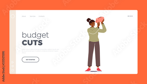 Budget Cuts Landing Page Template. Poor Black Woman Shaking Empty Piggy Bank In Hands Searching Money, Bankruptcy