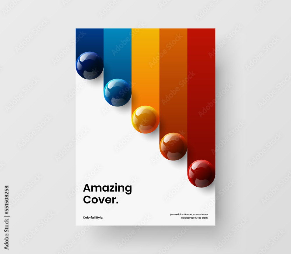 Fresh catalog cover design vector concept. Trendy realistic balls company brochure illustration.