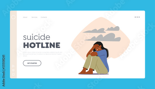 Suicide Hotline Landing Page Template. Depression, Abuse or Home Violence, Frustration Concept. Depressed Character