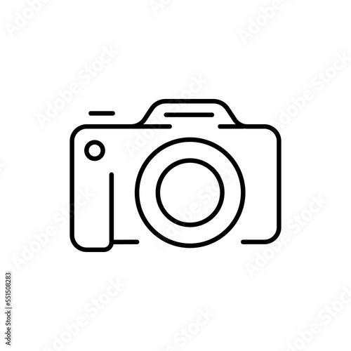 Camera line icon. Photo, film, camera lens, tripod, cinema, video, filming, color correction, photo processing, exposure, contrast. Electronics concept. Vector black line icon on a white background