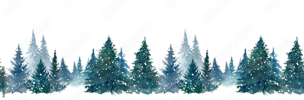 雪降る森林の水彩イラスト。パノラマ風景。シームレスパターン。 （透過背景）