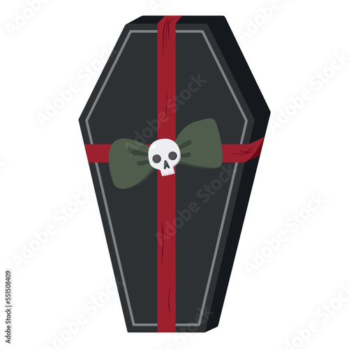 Scary Christmas illustration. Hand drawn black coffin present with ribbon and bow. Spooky vector illustration. Isolated on white background.