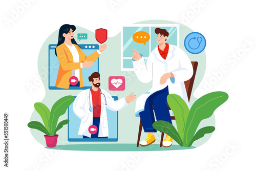 Video Calling In The Medical Team Illustration concept on white background