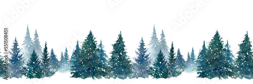 雪降る森林の水彩イラスト。パノラマ風景。シームレスパターン。 （透過背景）