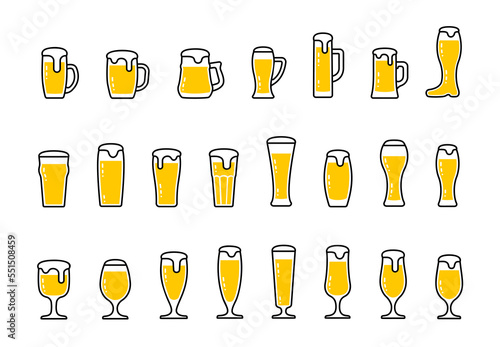 Set icons of beer with foam in mugs and glasses isolated PNG