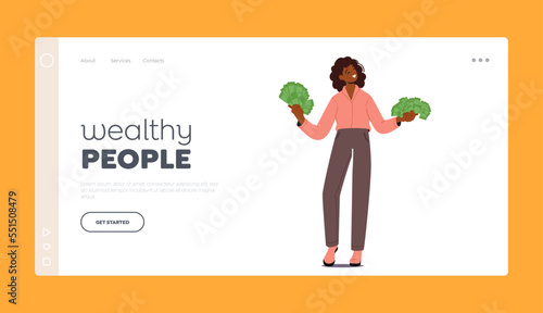 Wealthy People Landing Page Template. Rich Millionaire Female Character Holding Dollars Fans. Black Happy Business Woman