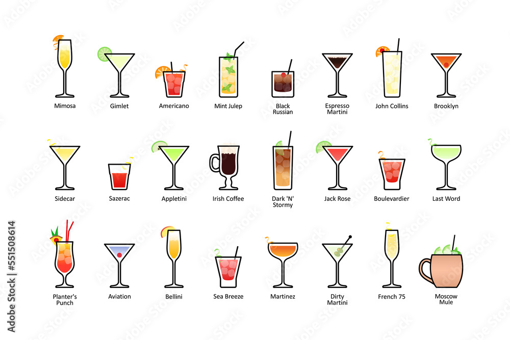 Popular alcoholic cocktails with titles part 2, icons set in flat style isolated PNG - obrazy, fototapety, plakaty 