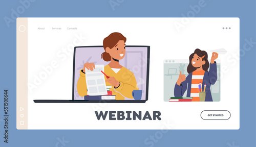 Webinar Landing Page Template. New Normal Of School. Children Studying Online At Home Chatting With Classmate in Virtual