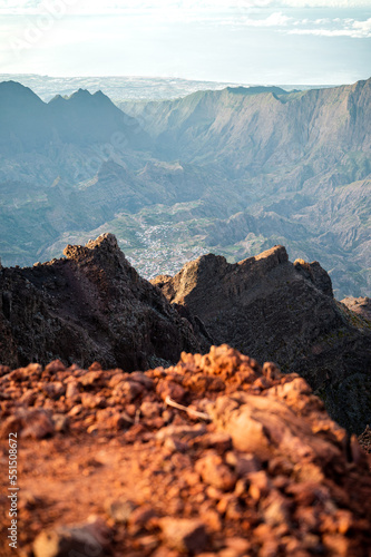 Sunrise view above the old volcano crater mountain of the Piton des Neiges, Reunion island
