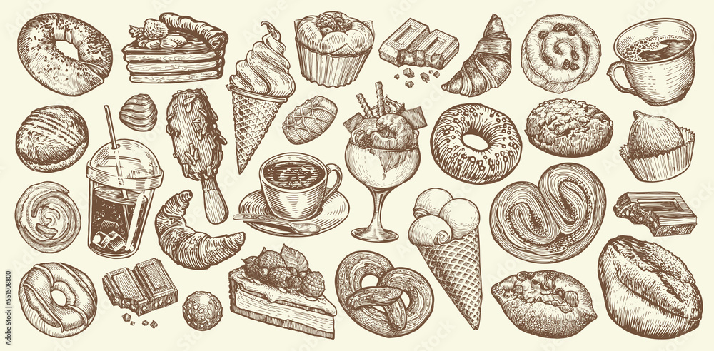Food and drink sketch set for cafe or restaurant menu. Hand drawn collection sweet desserts. Vintage vector illustration