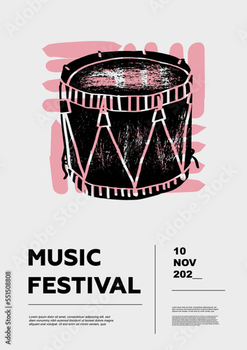 Drum. Music festival poster. Percussion musical instruments. Competition.  A set of vector illustrations. Minimalistic design. Banner, flyer, cover, print.