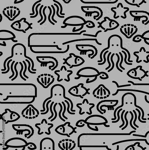 Marine animals set linear pattern seamless. background Octopus and turtle, fish and shrimp. Whale and starfish. Sea animal Ornament of kids fabric