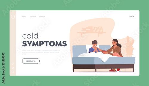 Cold Symptoms Landing Page Template. Mother Bringing Hot Tea to Sick Son with Cough and Fever. Little Boy Sitting in Bed