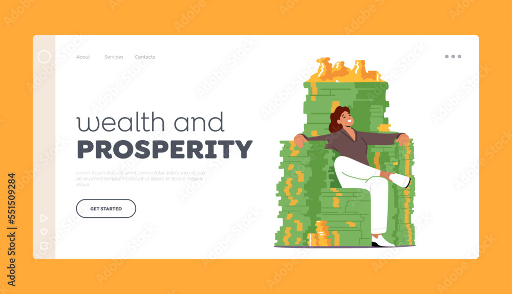 Wealth and Prosperity Landing Page Template. Rich Millionaire Businesswoman Character Sitting on Throne made of Money
