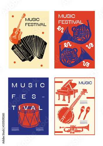 Guitar, horn, drum, banjo, piano. Music festival poster. Musical instruments. Competition.  A set of vector illustrations. Minimalistic design. Banner, flyer, cover, print.