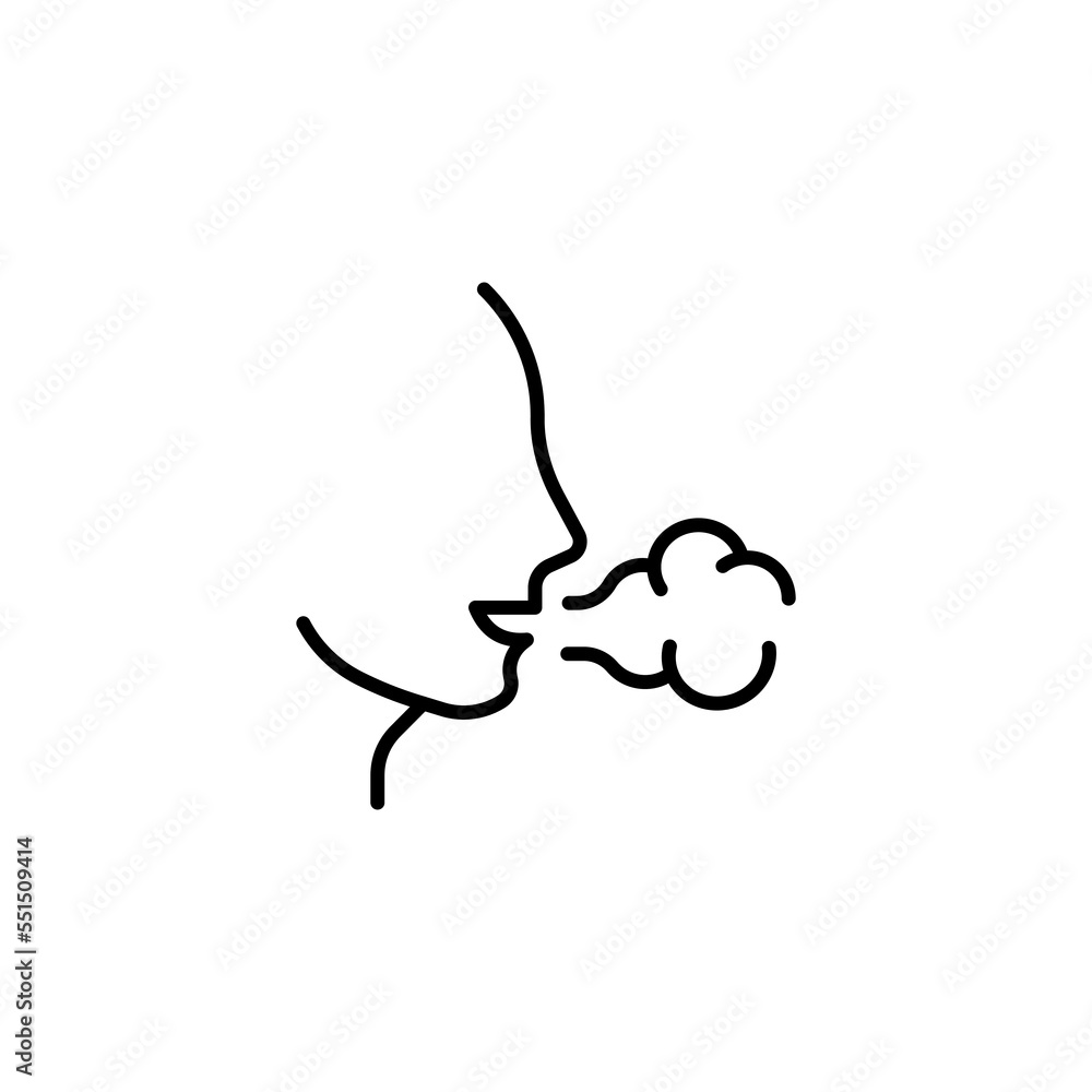 Frosty breath line icon. Man, profile, face, cold, winter, steam, breath, freshness, breeze. Seasons concept. Vector black line icon on a white background Frosty breath line icon. Man, profile, face, cold, winter, steam, breath, freshness, breeze. Seasons concept. Vector black line icon on a white background